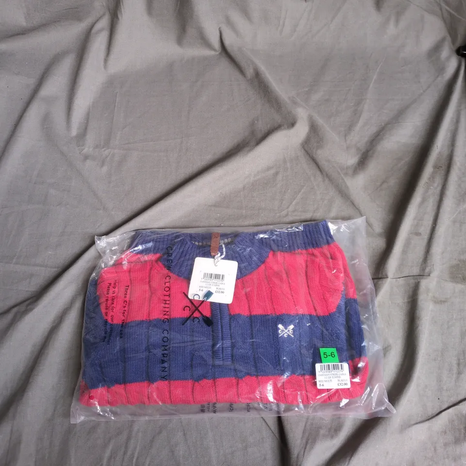CREW CLOTHING COMPANY OARSMAN STRIPE CABLE 1/2 ZIP JUMPER – RED MULTI, KIDS UK 5-6