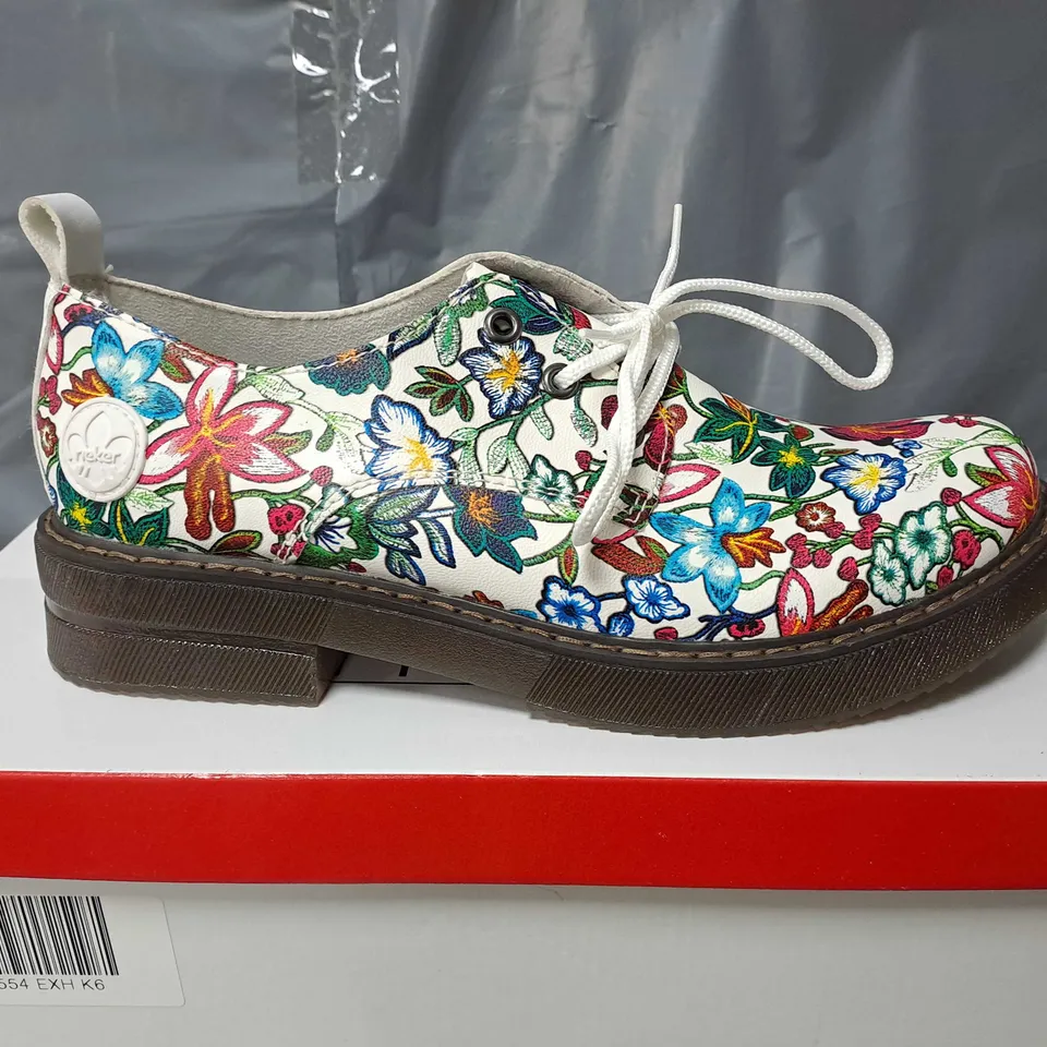 BOXED PAIR OF RIEKER PLATFORM WHITE MUTI COLOURED TRAINERS - SIZE 6
