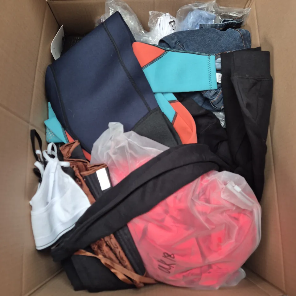 LARGE BOX OF APPROXIMATELY 25 ASSORTED CLOTHING ITEMS IN VARIOUS COLOURS, STYLES AND SIZES - COLLECTION ONLY