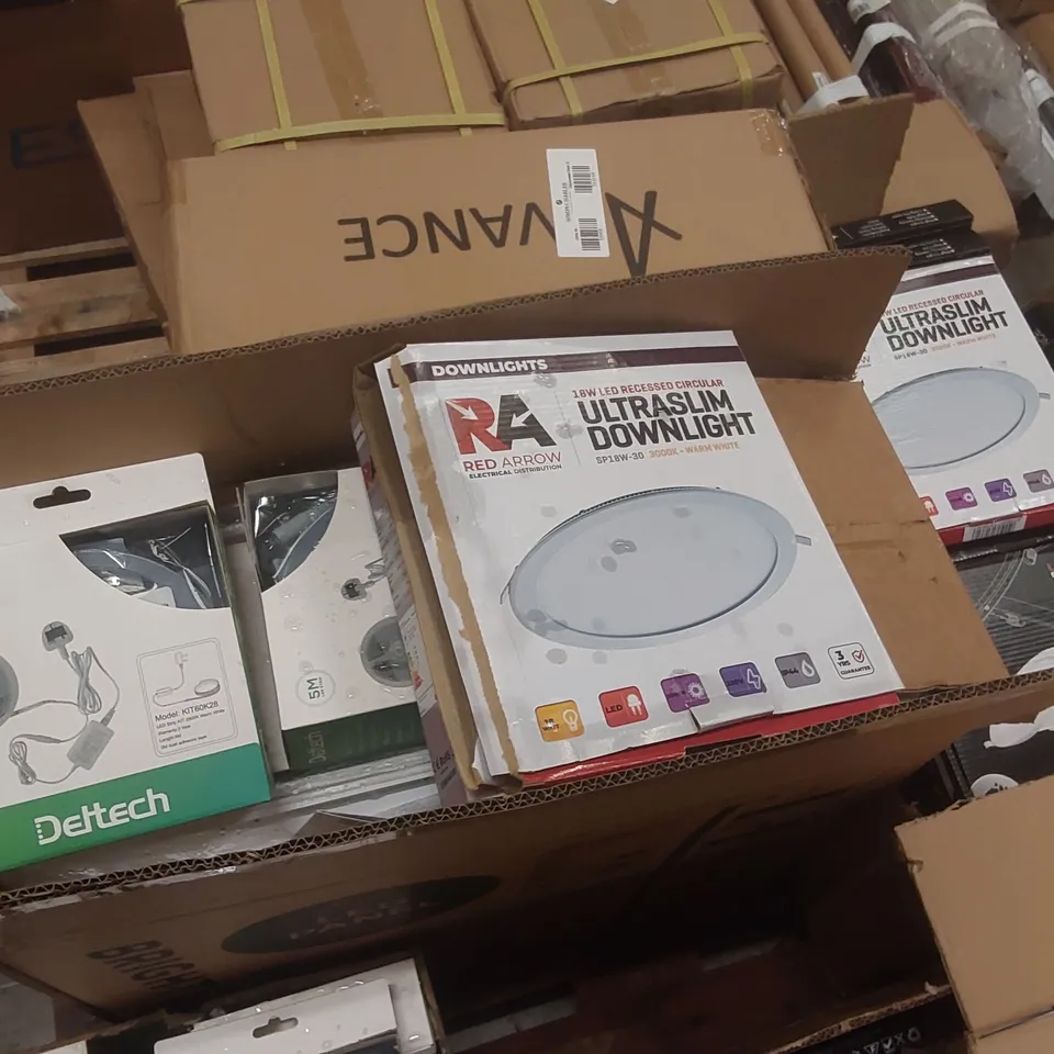 PALLET CONTAINING A VERY LARGE QUANTITY OF ASSORTED LIGHTING PRODUCTS TO INCLUDE: 18W LED RECESSED CIRCULAR ULTRASLIM DOWNLIGHTS, LED PANEL LIGHTS, LED EMERGENCY MODULES ECT
