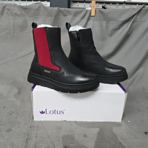 BOXED PAIR OF LOTUS CHELSEA BOOTS IN BLACK/MAROON SIZE EU 36
