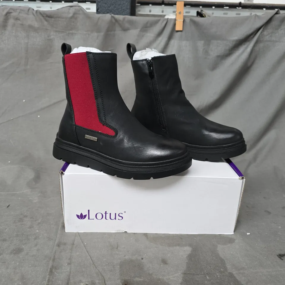 BOXED PAIR OF LOTUS CHELSEA BOOTS IN BLACK/MAROON SIZE EU 36