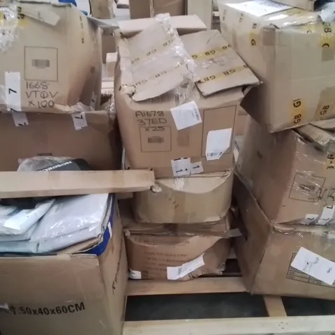 PALLET CONTAINING VARIOUS ASSORTED BOXED HOUSEHOLD ITEMS TO INCLUDE PAPER PARTY BAGS, FURNITURE PARTS ECT,