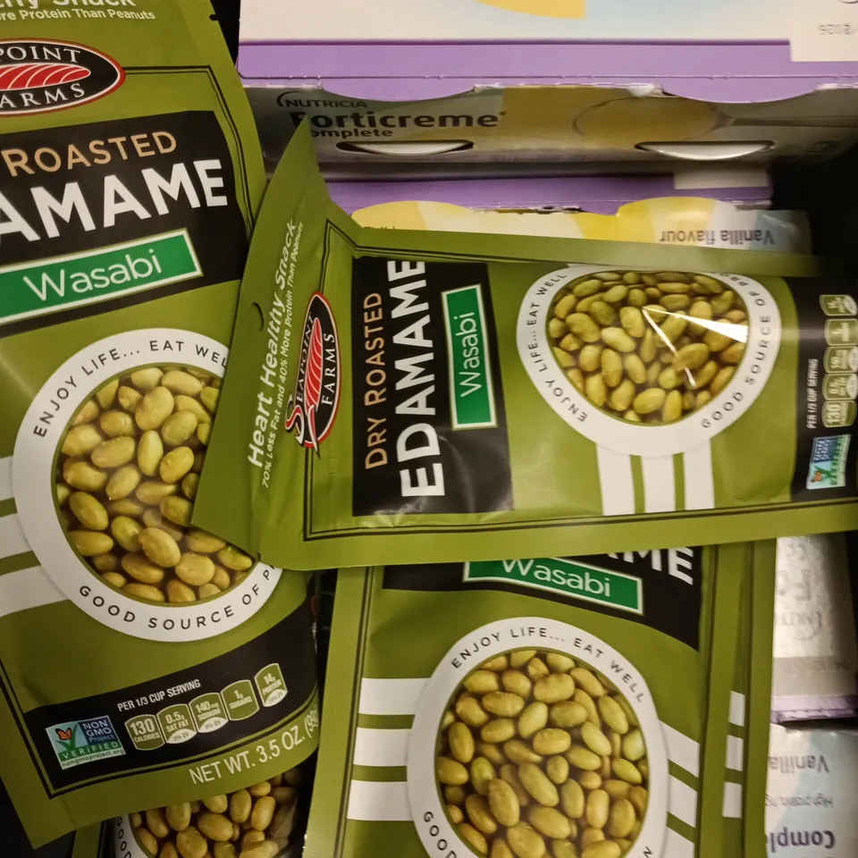 APPROXIMATELY 10 ASSORTED FOOD PRODUCTS TO INCLUDE WASABI PEAS & FORTICREME