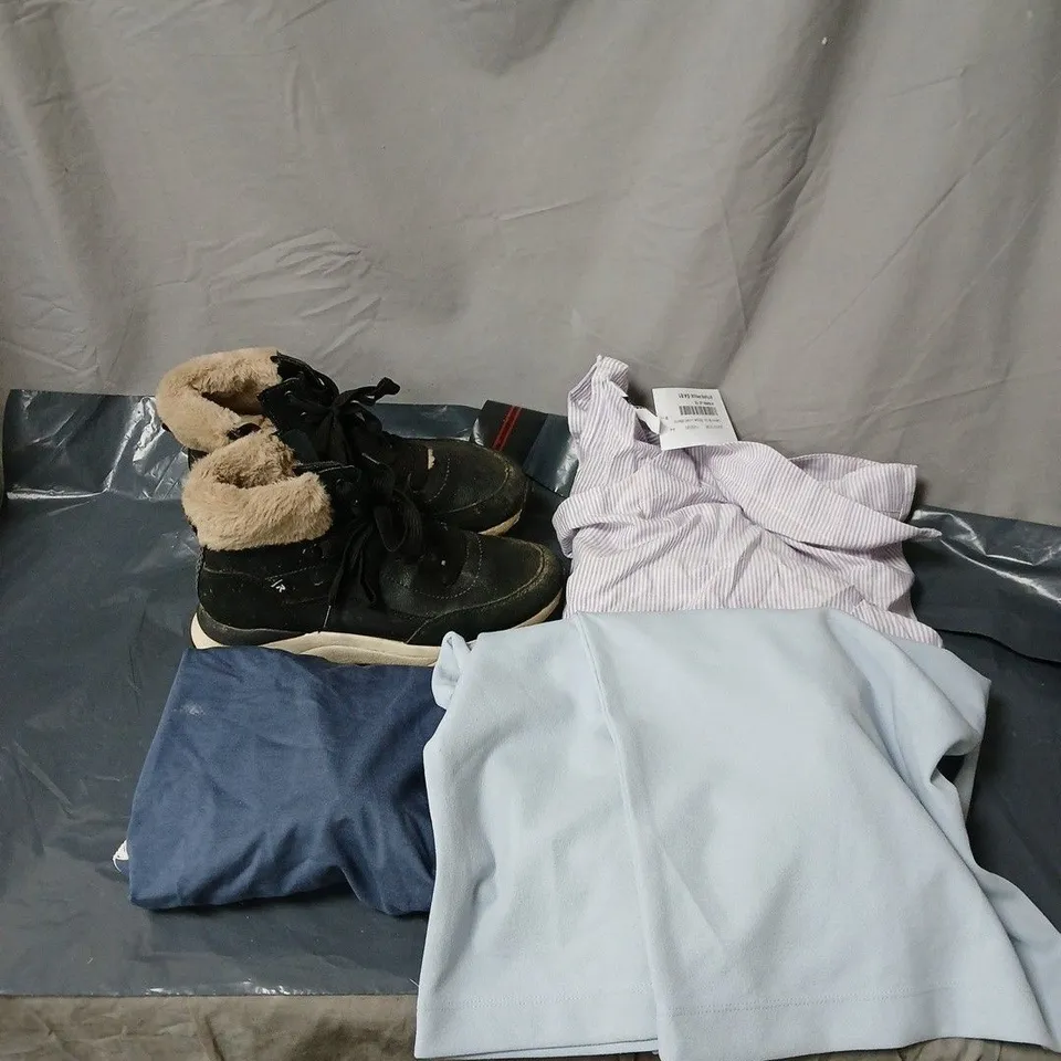 BOX OF APPROXIMATELY 12 ASSORTED HOUESHOLD ITEMS TO INCLUDE JDY TROUSERS, D AND CO SHIRT, CUDDL DUDS TOP, ANKLE TRAINERS ETC