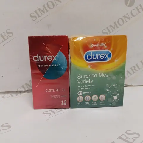 2 BOXED AND SEALED DUREX PRODUCTS TO INCLUDE SURPRISE ME VARIETY 40 PACK CONDOMS AND 12 PACK THIN FEEL CONDOMS 