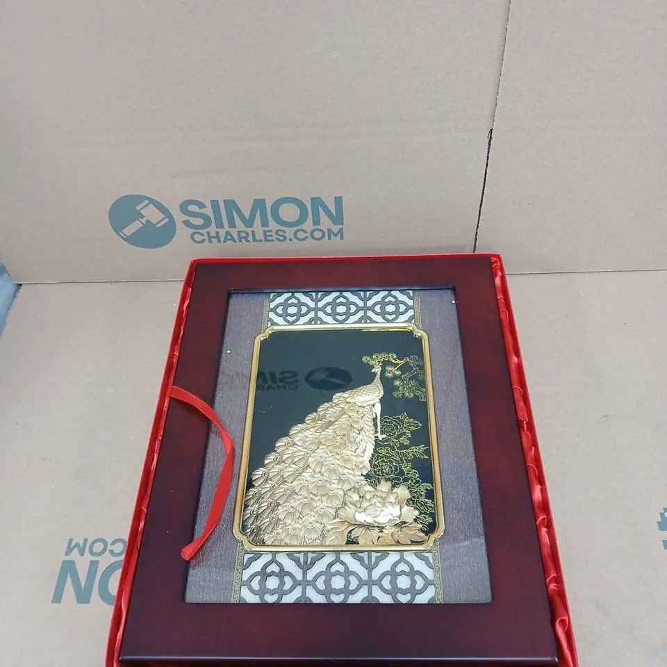 24K GOLD PLATED PEACOCK WOODEN FRAME ART, IN RED BOX.