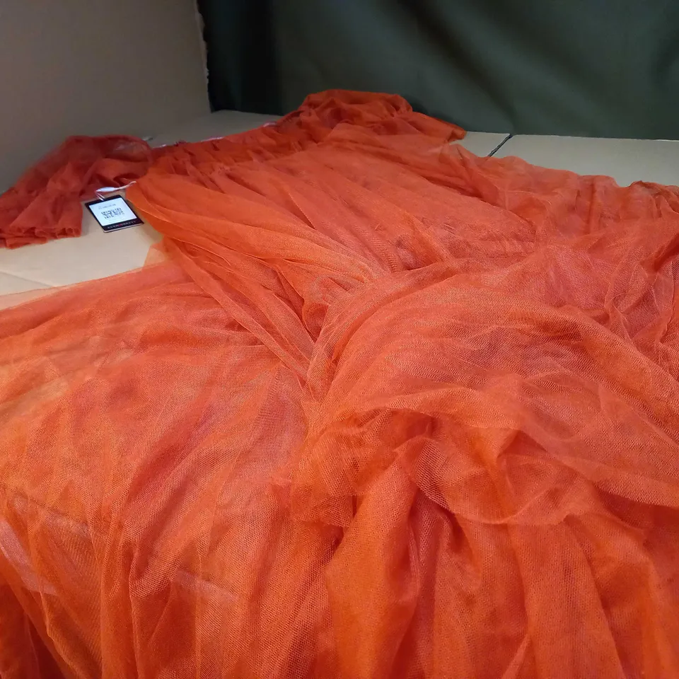 DESIGNER BURNT ORANGE NET DETAILED OCCASION GOWN - SIZE 10