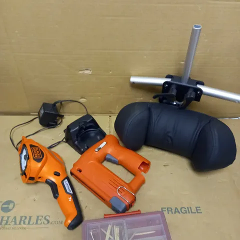 LOT OF APPROXIMATELY 5 VARIOUS TOOLS & EQUIPMENT TO INCLUDE BLACK & DECKER SANDER, TAC WISE STAPLE GUN, ADJUSTABLE HEAD REST ETC