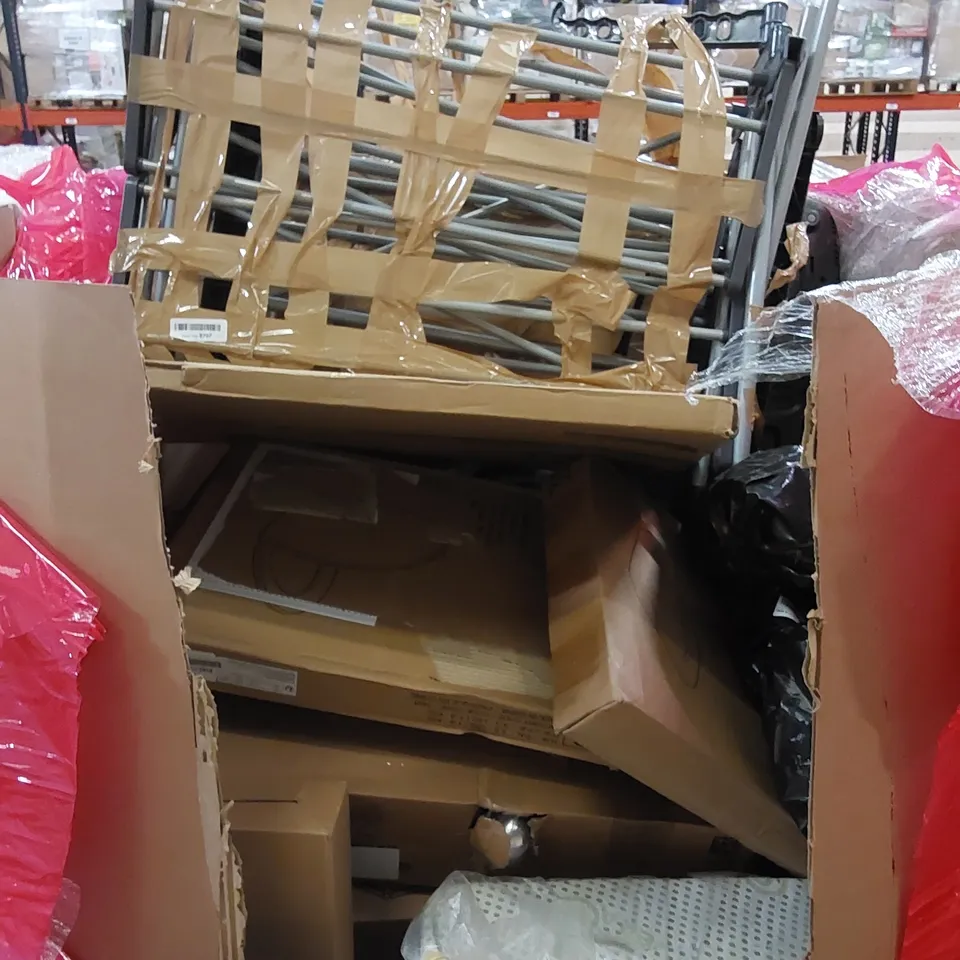 PALLET OF ASSORTED HOUSEHOLD ITEMS AND CONSUMER PRODUCTS. INCLUDES; BABY PLAYPEN, TOILET SEATS, AIR FRYER, BOXED FURNITURE ETC 