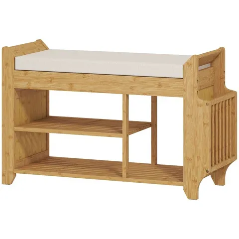 BOXED HOMCOM SHOE BENCH 2-TIER BOOT SECTION ENTRYWAY STORAGE BENCH CUSHIONED SEAT 80 X 30 X 50 CM NATURAL AND CREAM