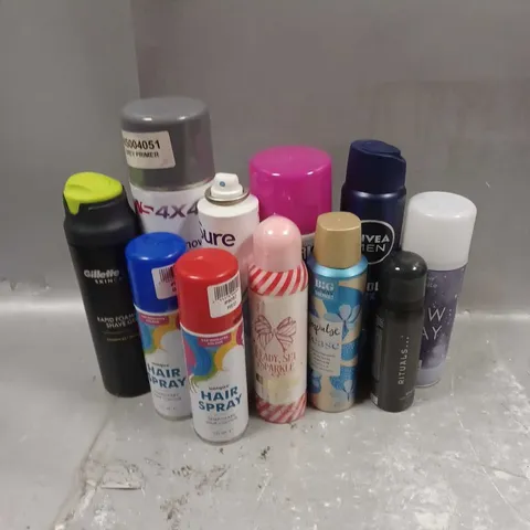 APPROXIMATELY 15 ASSORTED AEROSOLS TO INCLUDE - PLOUISE SKIN CRYSTAL CLEAR GLITTER SETTING SPRAY - UNIQUE HAIR COLOUR SPRAY - AGRIMARK PINK MARKER SPRAY - COLLECTION ONLY