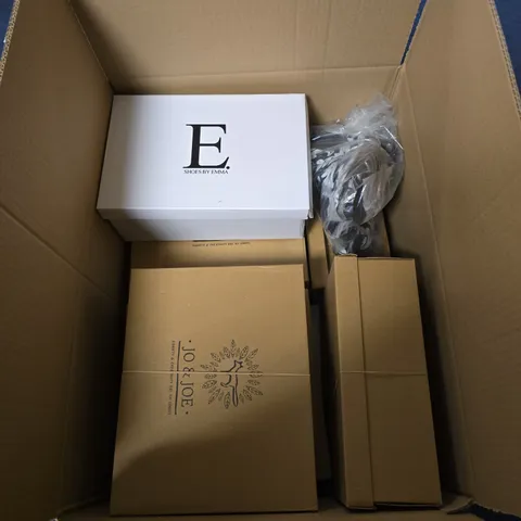 BOX OF APPROXIMATELY 12 ASSORTED PAIRS OF SHOES IN VARIOUS STLYLES , COLOURS AND SIZES