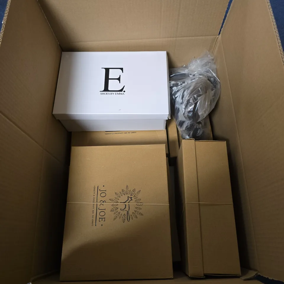 BOX OF APPROXIMATELY 12 ASSORTED PAIRS OF SHOES IN VARIOUS STLYLES , COLOURS AND SIZES