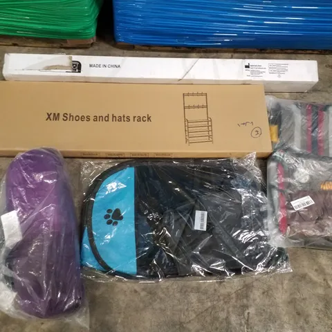 PALLET CONTAINING ASSORTED PRODUCTS TO INCLUDE TENSION ROD, SHOE & HAT RACK, STAR WARS BACKPACK, PERSONAL TENT, PET CARRIER