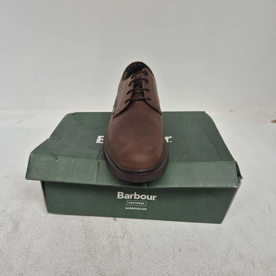 BOXED PAIR OF BARBOUR CARTHY DERBY SHOES IN DARK BROWN - SIZE 11