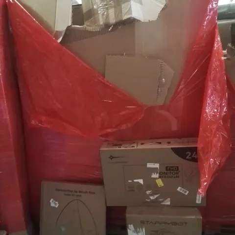 PALLET OF ASSORTED HOUSEHOLD GOODS AND PRODUCTS TO INCLUDE;MONITOR,STEAM CLEANER,POPUP TENT