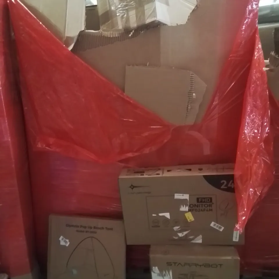 PALLET OF ASSORTED HOUSEHOLD GOODS AND PRODUCTS TO INCLUDE;MONITOR,STEAM CLEANER,POPUP TENT