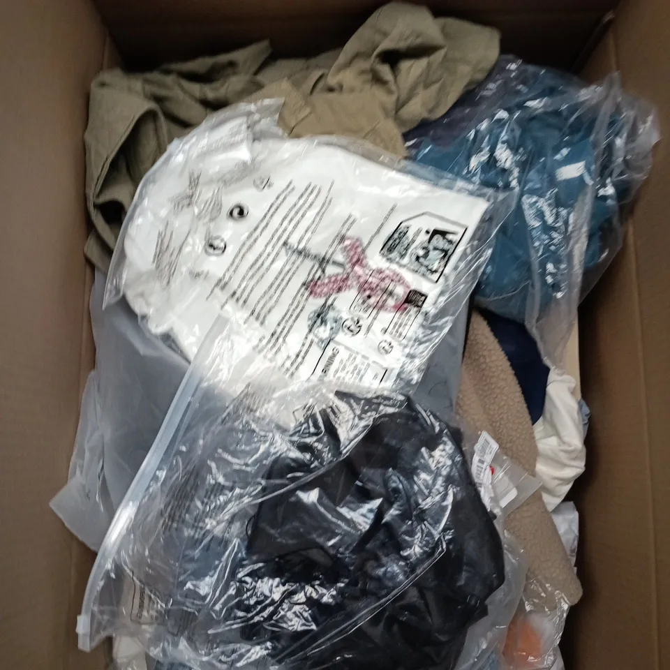 LARGE BOX OF APPROXIMATELY 25 ASSORTED CLOTHING ITEMS IN VARIOUS COLOURS, STYLES AND SIZES - COLLECTION ONLY