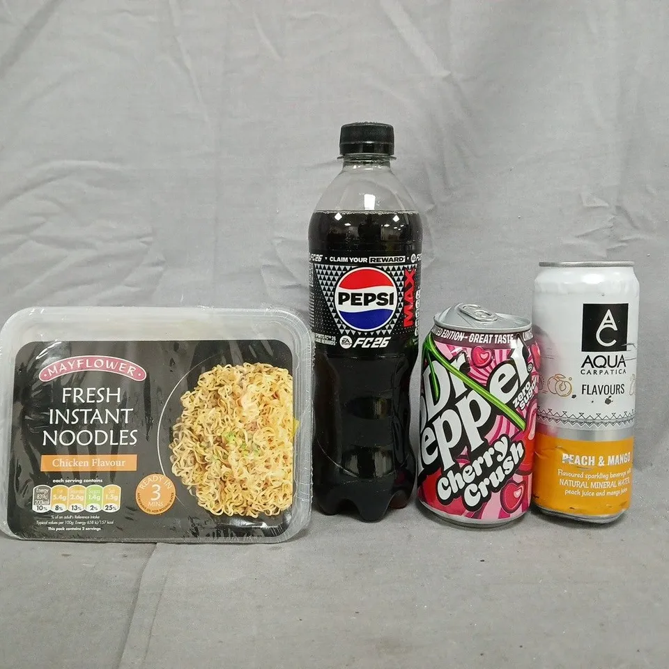 APPROXIMATELY 10 ASSORTED FOOD AND DRINK ITEMS TO INCLUDE DR PEPPER, PEPSI, INSTANT NOODLES, ETC