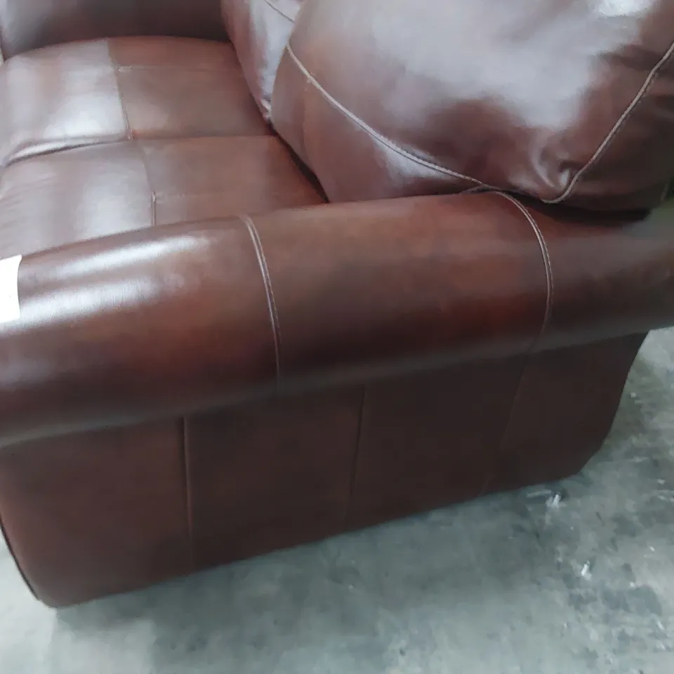 DESIGNER SCROLL ARM TWO SEATER SOFA CHESTNUT LEATHER 