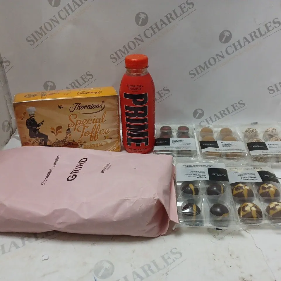 LOT OF ASSORTED FOOD AND DRINK ITEMS TO INCLUDE PRIME, HOTEL CHOCOLAT AND THORNTONS