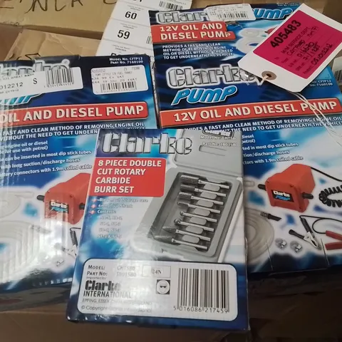 MIXED BOX OF TOOLS TO INCLUDE: 12V OIL AND DIESEL PUMPS AND 8 PIECE DOUBLE CUT ROTARY CARBIDE BURR SET