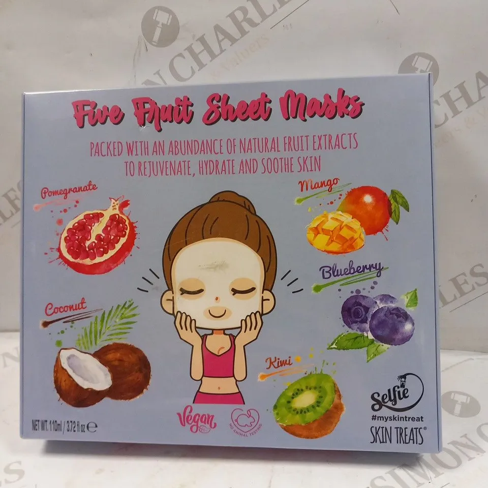 BOXED AND SEALED FIVE FRUIT SHEET MASKS VEGAN