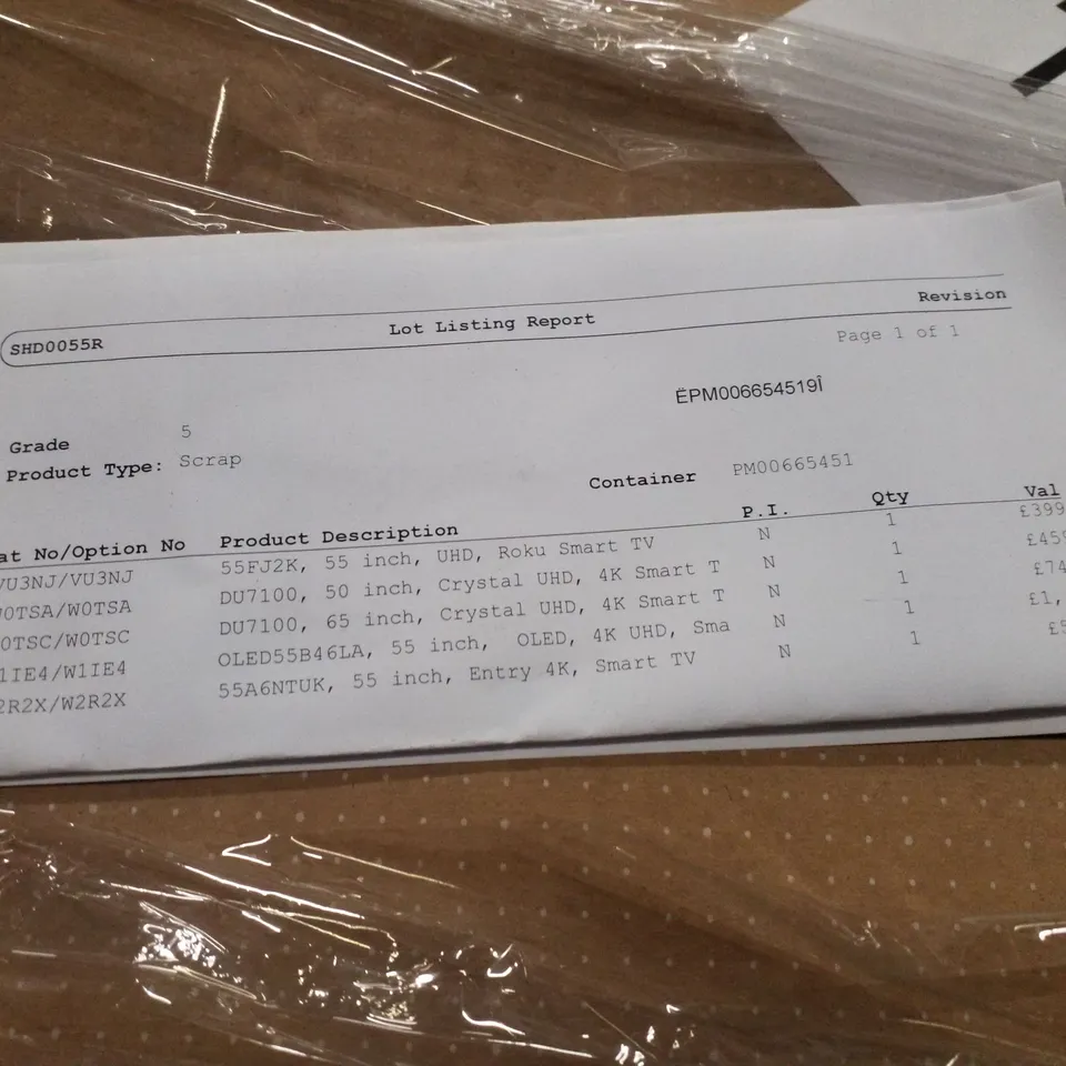 PALLET OF FIVE ASSORTED WAREHOUSE DAMAGED TV'S TO INCLUDE;