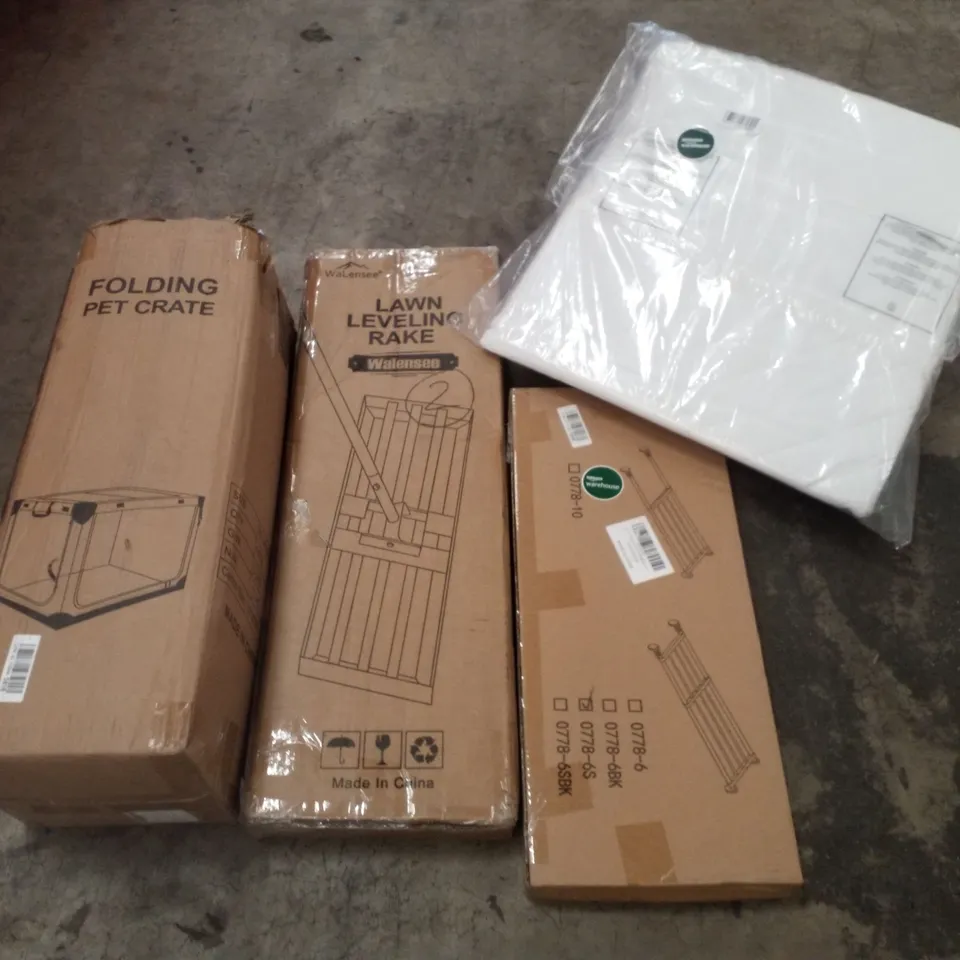 PALLET CONTAINING ASSORTED PRODUCTS INCLUDING FOLDING PET CRATE, LAWN LEVELLING RAKE WALENSEE, WEDGE PILLOW, EXTENDABLE DIY SHELF