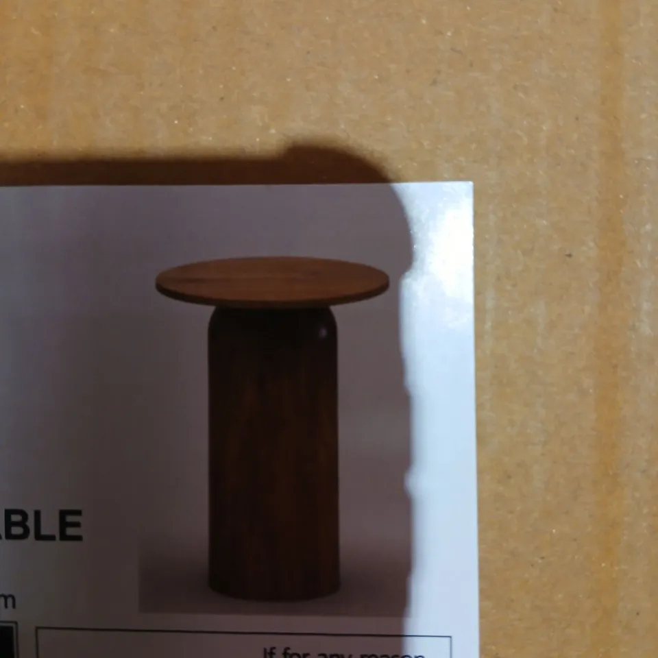WOOD SIDE TABLE – DARK WOOD ROUND TOP ON CYLINDRICAL PEDESTAL BASE 