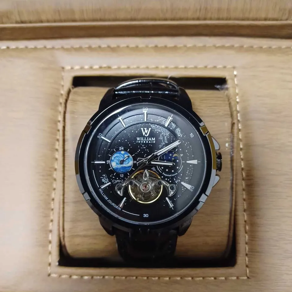 WILLIAM JOURDAIN PART SKELETON AUTOMATIC BLACK LEATHER STRAP WRISTWATCH