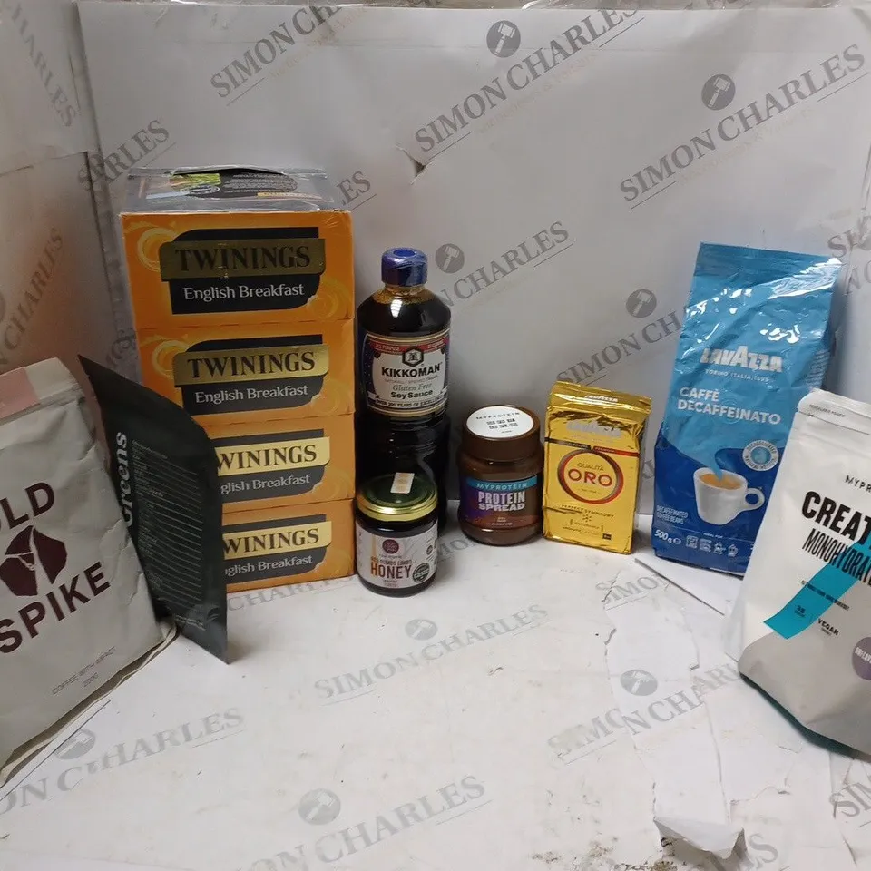 APPROXIMATELY 10 ASSORTED FOOD ITEMS TO INCLUDE TWININGS ENGLISH BREAKFAST TEA, KIKKOMAN SOY SAUCE (1L), LAVAZZA CAFFE DECAFFEINATO (500g), ETC