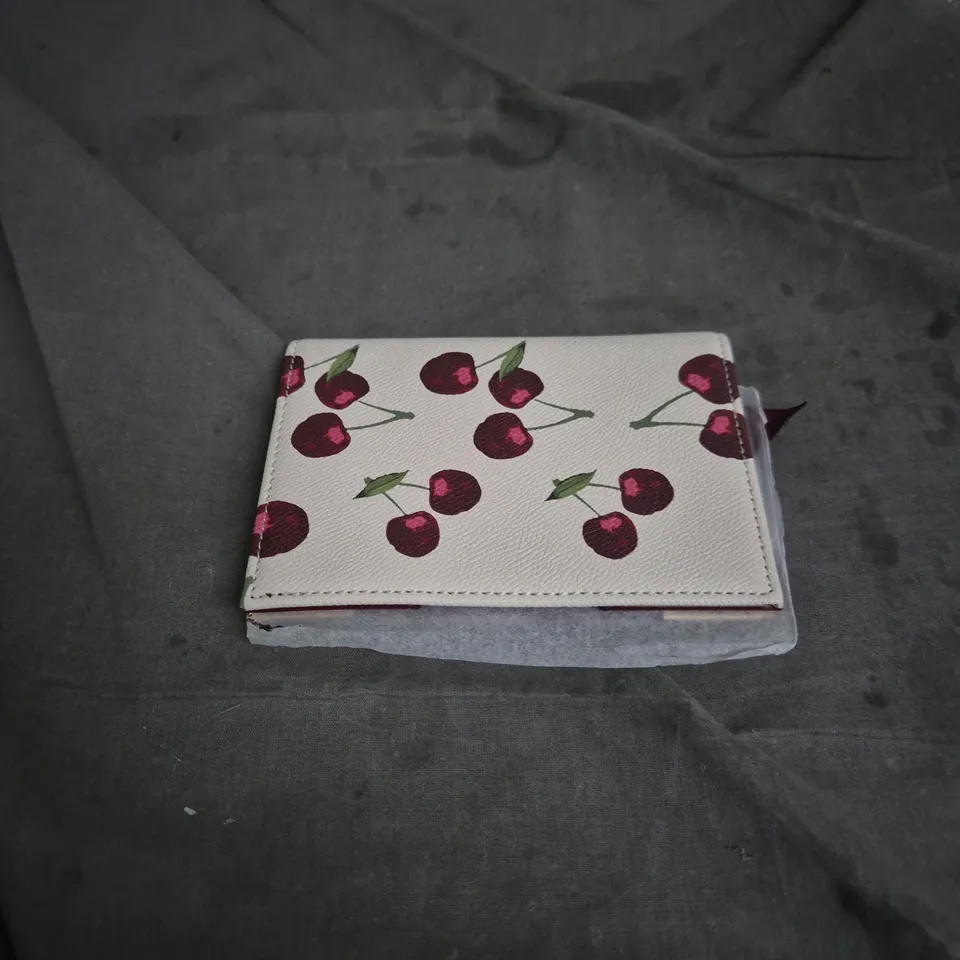 RIVER ISLAND CHERRY PRINT WALLET – WHITE FAUX LEATHER WITH GOLD CORNERS