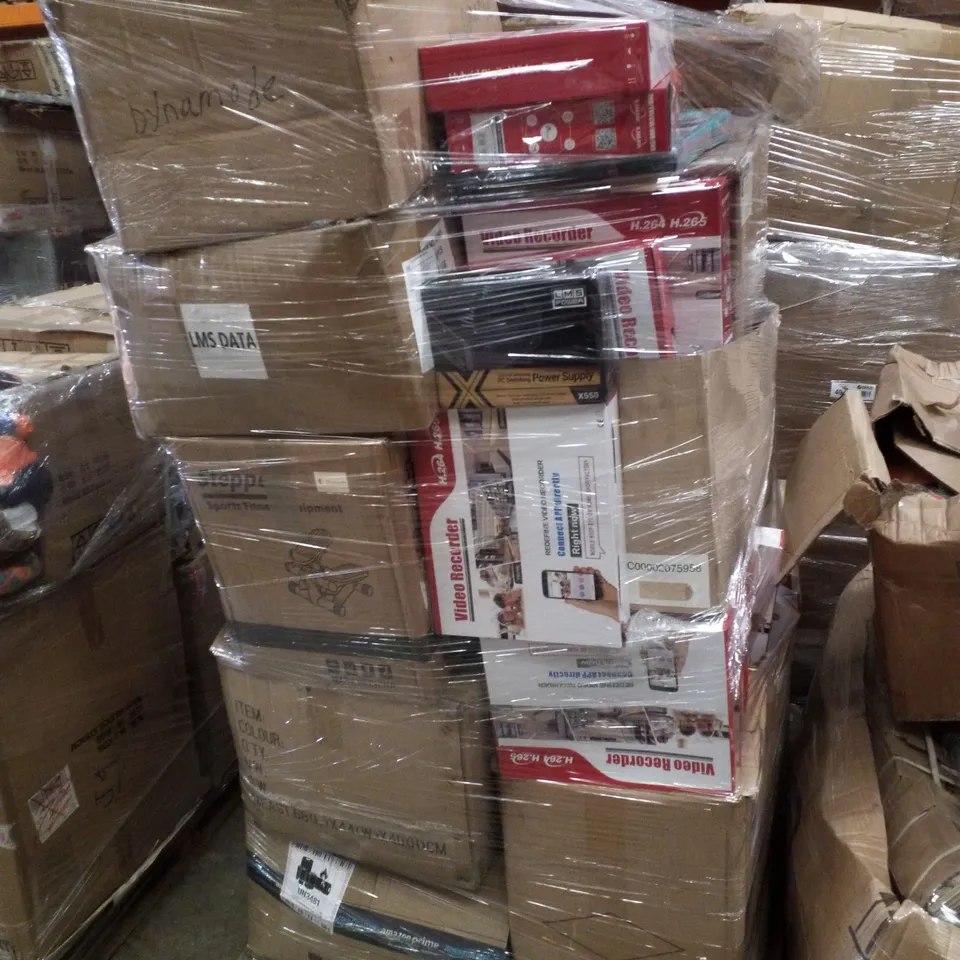 PALLET CONTAINING ASSORTED PRODUCTS INCLUDING VIDEO RECORDERS, SPORTS FITNESS STEPPER, PC POWER SUPPLY & P-4 PRO COOLING FAN