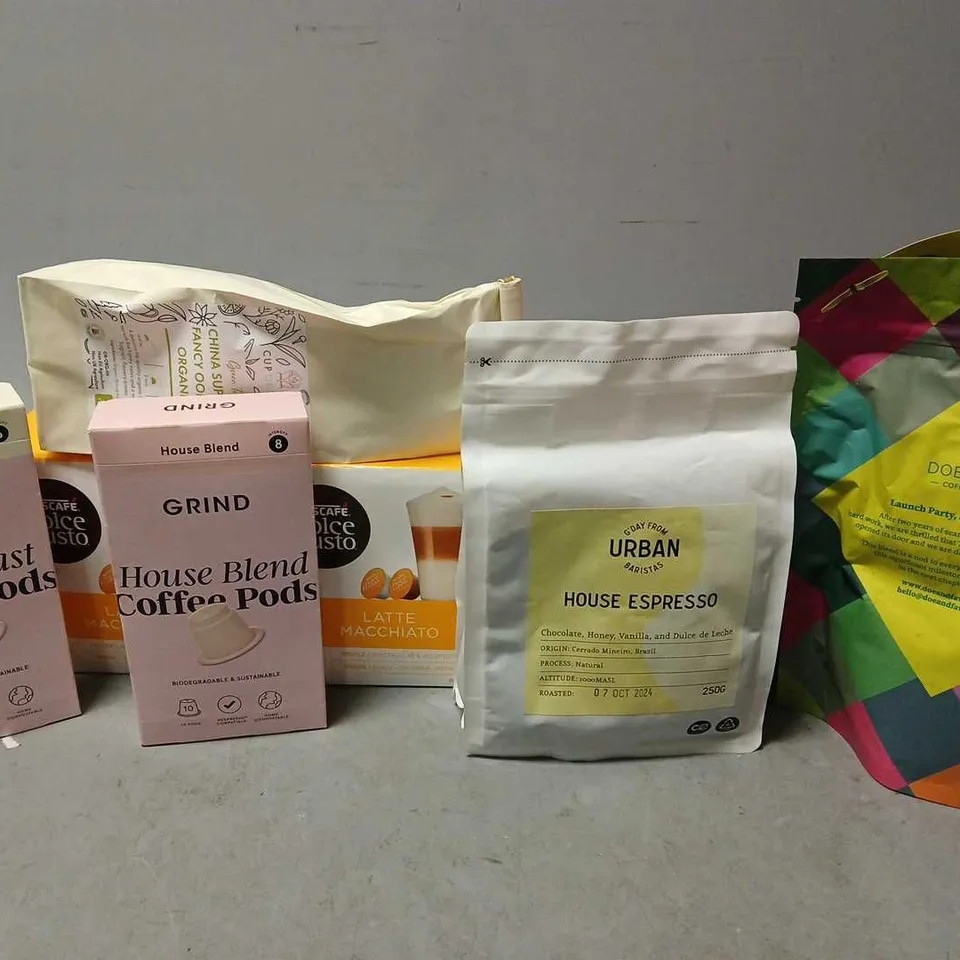 APPROXIMATELY 8 ASSSORTED COFFEE & TEA PRODUCTS TO INCLUDE NESCAFE SIGNATURE ROAST (500g), URBAN BARISTAS HOUSE ESPRESSO (250g), NEASCAFE DOLCE GUSTO LATTE MACCHIATO (8 PODS), ETC