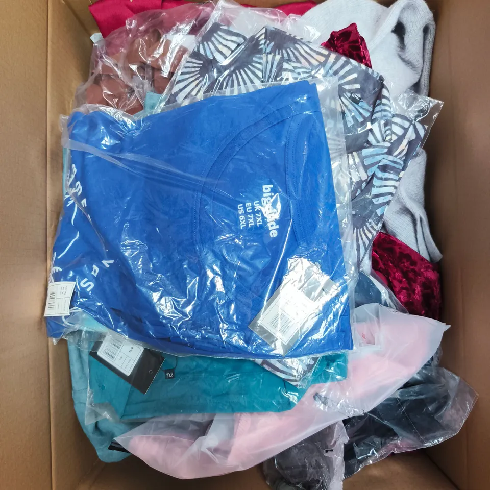 LARGE BOX OF APPROXIMATELY 25 ASSORTED CLOTHING ITEMS IN VARIOUS COLOURS, STYLES AND SIZES - COLLECTION ONLY