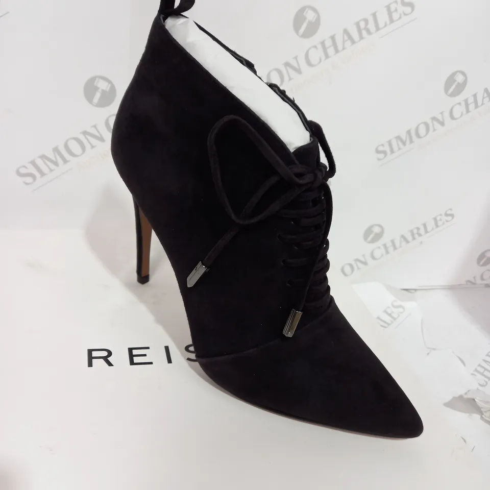 BOXED REISS SUEDE CHOCOLATE BOOT HEELS - SIZE 5