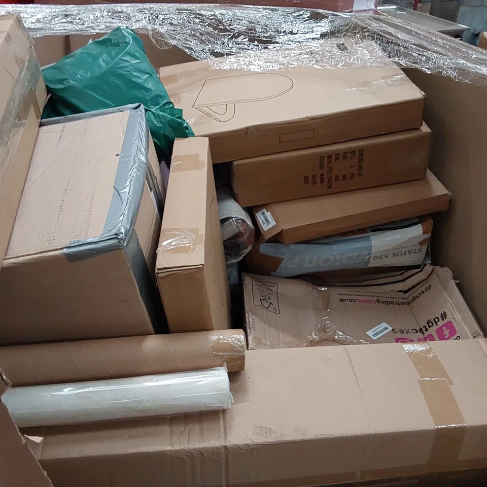 PALLET OF ASSORTED ITEMS INCLUDING: AIR FRYER, KID'S METAL DETECTOR, ROLLER BLINDS, PORTABLE PET CRATE, BAMBOO WALL SHELF 