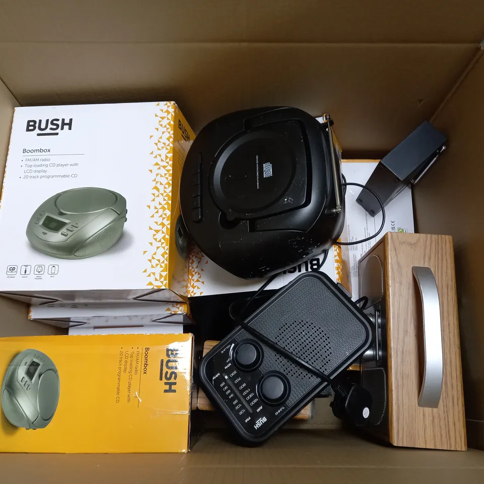 BOX OF APPROX 7 ASSORTED BUSH ITEMS TO INCLUDE - BOOMBOX , DAB/FM BLUETOOTH RADIO , PORTABLE CD PLAYER ETC