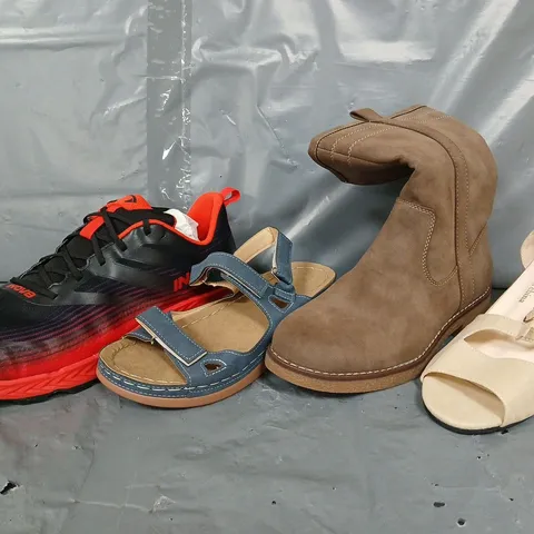BOX OF APPROXIMATELY 12 ASSORTED SHOES TO INCLUDE WEDGE SHOES, SANDALS, AND TRAINERS ETC