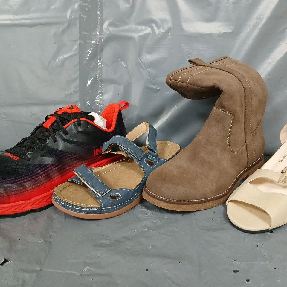 BOX OF APPROXIMATELY 12 ASSORTED SHOES TO INCLUDE WEDGE SHOES, SANDALS, AND TRAINERS ETC