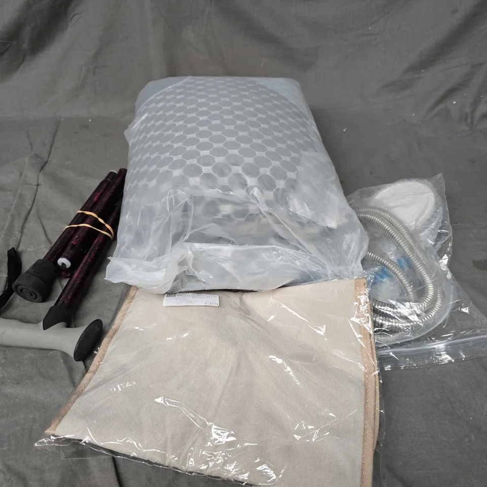 APPROXIMATELY 15 ASSORTED HOUSEHOLD PRODUCTS TO INCLUDE SHOWER HEADS, WALKING CANE, SHEETS ETC
