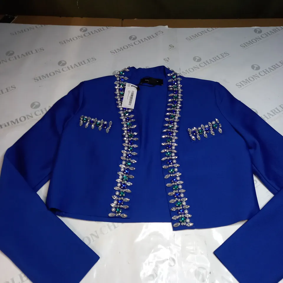 KAREN MILLEN EMBELLISHED CROPPED BANDAGE KNIT JACKET SIZE S