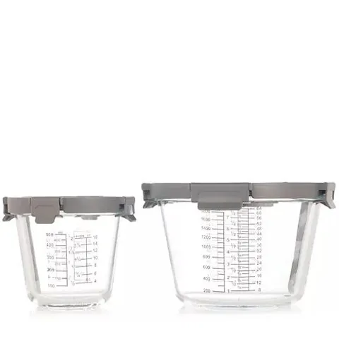 COOK'S ESSENTIALS SET OF 2 GLASS STACKABLE MEASURING BOWLS WITH LID