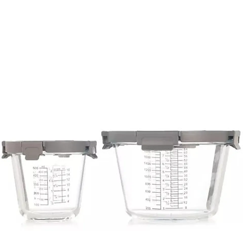 COOK'S ESSENTIALS SET OF 2 GLASS STACKABLE MEASURING BOWLS WITH LID