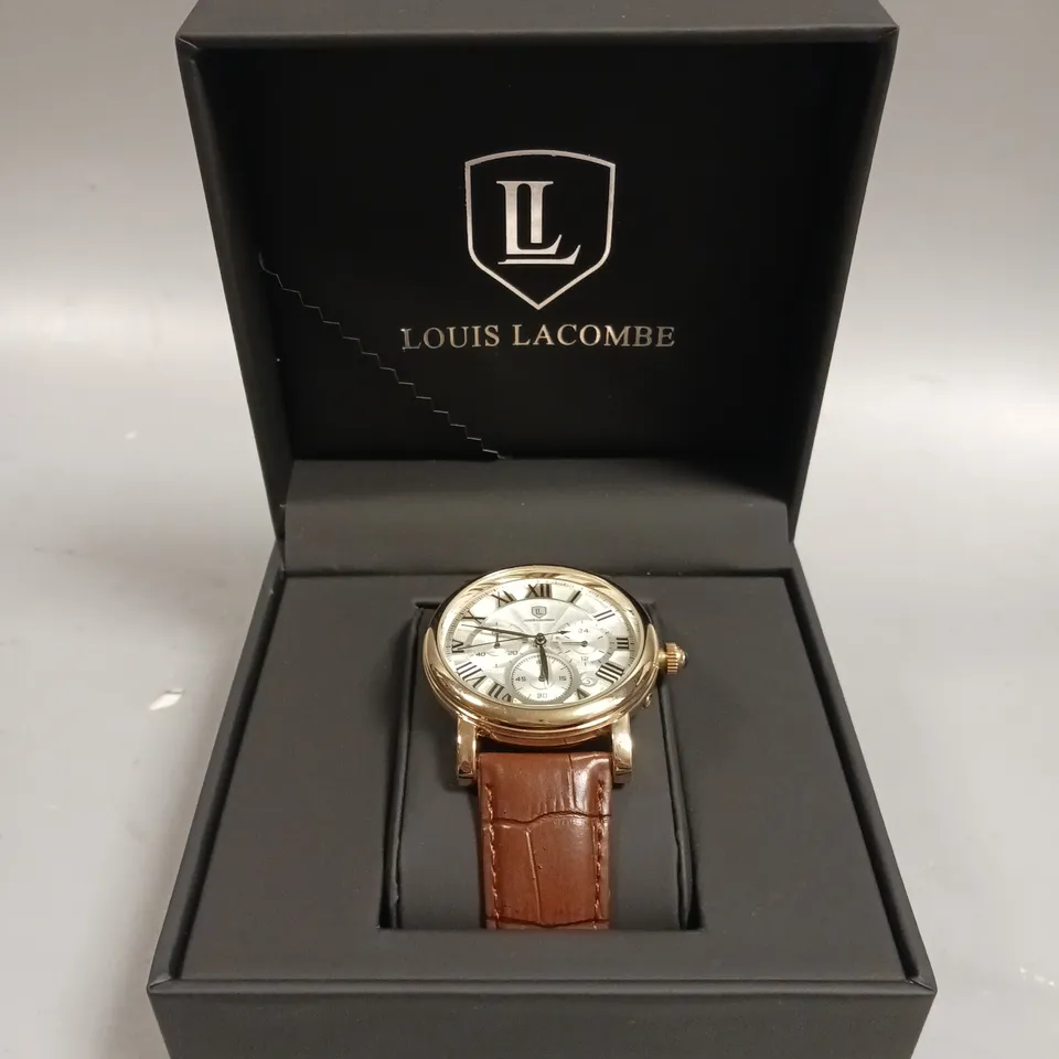 MENS LOUIS LACOMBE CHRONOGRAPH WATCH – MULTI FUNCTION DIAL WITH DATE – ROMAN NUMERAL DIAL – LEATHER STRAP