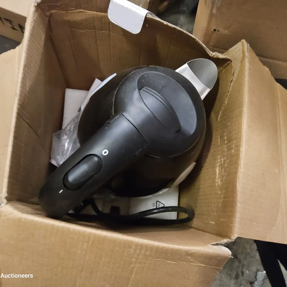 PALLET OF ASSORTED ITEMS, INCLUDING, SWAN CORDLESS KETTLE, METAL WASTR BINS, 2 × TABLE LAMP BASES, DRAWER KNOBS, TOILET WALL FLUSH, MULTIFUNCTION FOOD PROCESSOR.