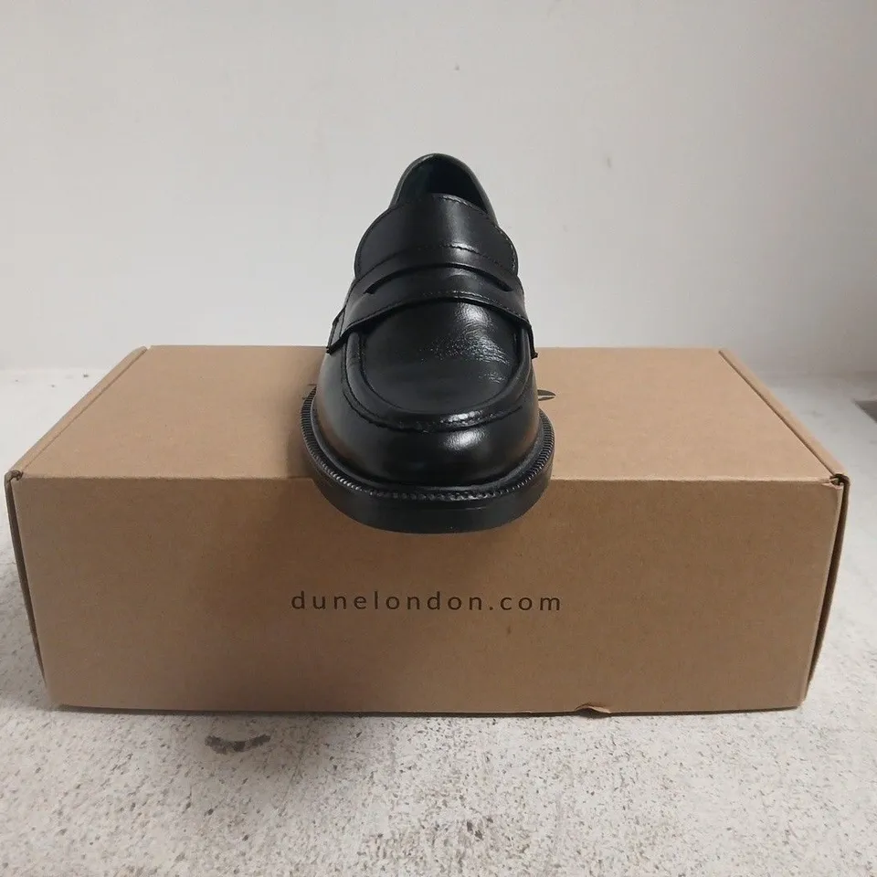 BOXED PAIR OF DUNE LONDON PENNY LOAFERS IN BLACK SIZE 5