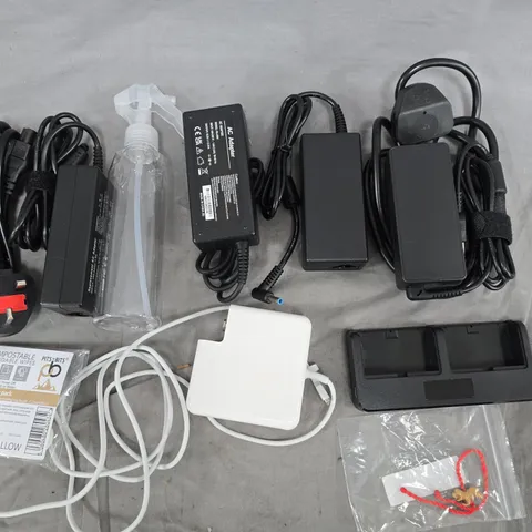 LOT OF ASSORTED HOUSEHOLD ITEMS TO INCLUDE AC ADAPTERS AND SPRAY BOTTLES